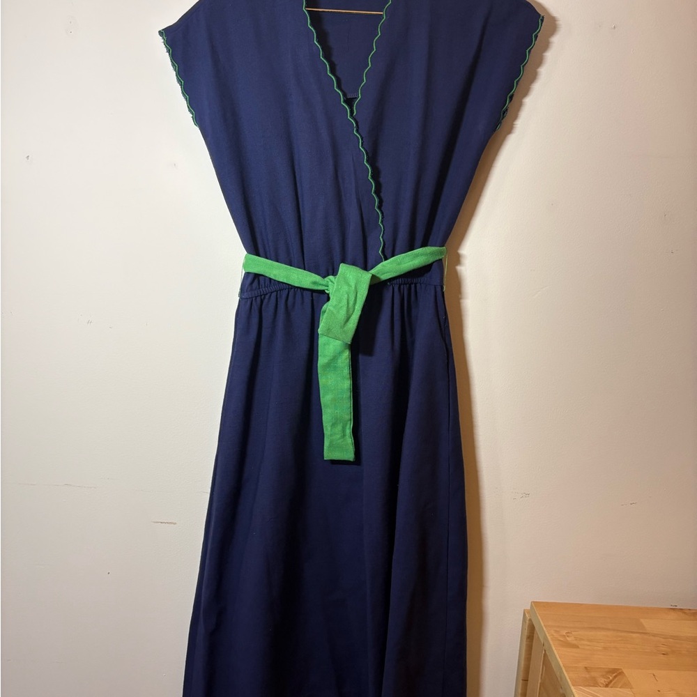 Vintage Navy Midi Dress with Green Trim and Belt